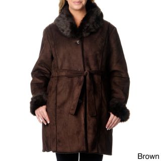 Excelled Excelled Womens Plus Size Shearling Belted Coat Brown Size 1X (14W  16W)
