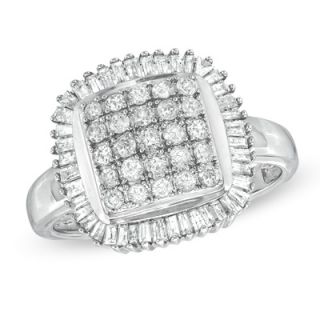 CT. T.W. Baguette Diamond Edge Square Cluster Ring in Sterling