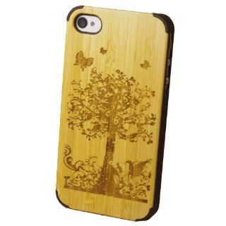 e821 Durable Plastic Case with Equisite Sculptural Pattern Bamboo Wood Backing Shell Iphone 4/4s Case Protective Case(butterflytree) Cell Phones & Accessories