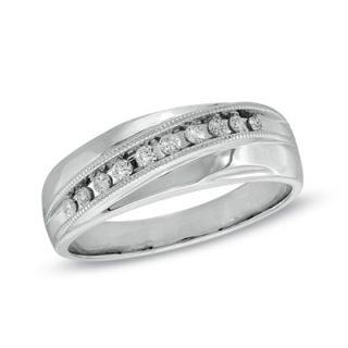 Mens 1/4 CTW. Diamond Diagonal Row Milgrain Band in 14K White Gold