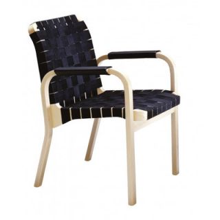 Artek 45 Arm Chair with Black Leather Arm Windings 102 Upholstery Quilted Bl