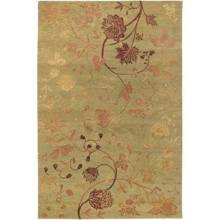 Hand knotted Impressions Oriental Garden Sage/ Raspberry Wool Rug (6 X 9)