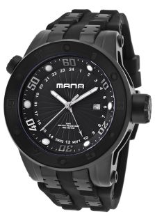 Mana 1101 GMT IPB 01  Watches,Mens Black IP Steel Case Dual Time Black Textured Dial Black Rubber Strap, Casual Mana Quartz Watches