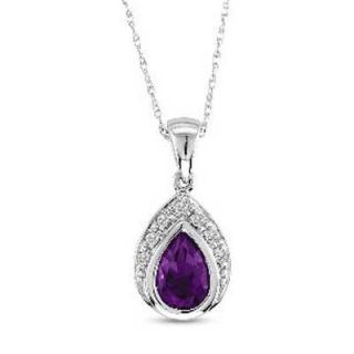 Pear Shaped Amethyst and Diamond Accent Teardrop Pendant in 14K White