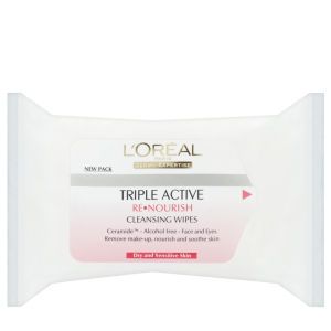 LOreal Paris Dermo Expertise Triple Active Re Nourish Cleansing Wipes   Dry & Sensitive Skin (25 Wipes)      Health & Beauty