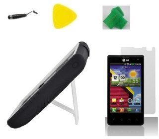 Black / White hybrid Armor w Kickstand Phone Case Cover Cell Phone Accessory + Yellow Pry Tool + Screen Protector + Stylus Pen + EXTREME Band for Lg Optimus Exceed Lg VS840pp VS840PP Cell Phones & Accessories