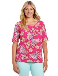 Jones New York Women's Plus Size 1/2 Sleeve Floral Scoop Neck Top, Hot Pink/Multi, 1X
