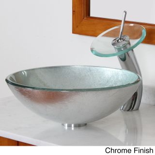 Elite Modern Tempered Glass Bathroom Vessel Sink With Silver Wrinkles Pattern And Waterfall Faucet Combo