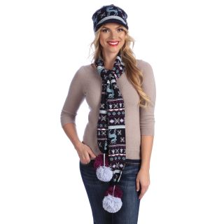 Multicolored Muk Luks Visor Beanie And Knit Scarf With Large Poms