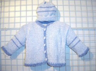 Knitted on Hand Knitting Machine Then Finished By Hand Crochet Infant Boys Outfit, Containing Blue Chenille with Denim Chenille Stripe Cardigan Sweater, Hat Set Clothing