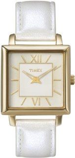 Timex Womens Square Gold Tone Case White Leather Strap Watch T2M874 at  Women's Watch store.