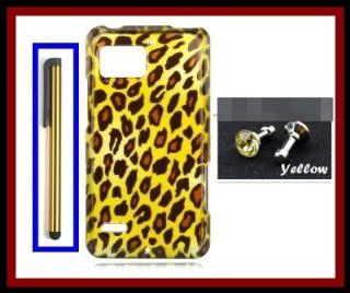 Motorola Droid Bionic XT875 Verizon Glossy Leopard Yellow Design Snap on Case Cover Front/Back + Golden Yellow Stylus Touch Screen Pen + One FREE Yellow 3.5mm Bling Headset Dust Plug Cell Phones & Accessories