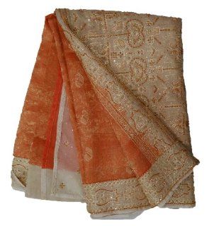 Indian Sari Vintage Tissue Organza Recycled Fabric Beaded Curtain Drape Craft Fabric Women Wrap Dress Orange 5Yd Saree