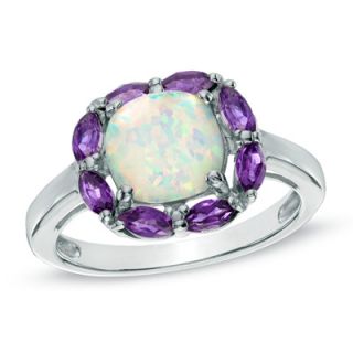 5mm Cushion Cut Lab Created Opal and Amethyst Ring in Sterling