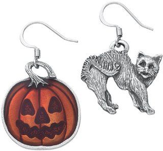 Scary Cat & Jackolantern Pewter Wire Earrings Dangle Earrings Jewelry