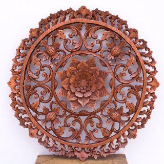 19 Inches Traditional Bali Lotus Flower Carved Round Wooden Wall Panel Architectural   Decorative Plaques