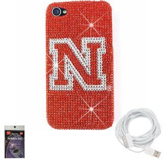 Nebraska Cornhuskers Diamond Bling Snap on Cover for iPhone 4s, 4 with 10ft Charging Cable and Radiation Shield. Cell Phones & Accessories