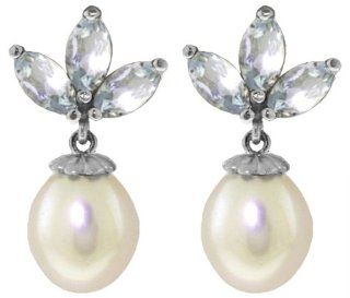14k White Gold Freshwater Pearl Earrings with Aquamarines Jewelry