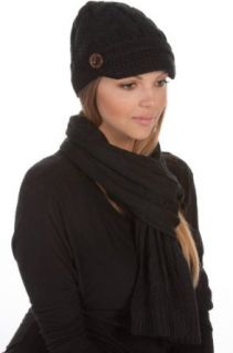 EHATES870VB   Womens 2 piece Cable Knitted Visor Beanie Scarf and Hat Set with Button Accent ( 8 Colors )   Black/One Size Clothing