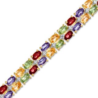Oval Multi Gemstone and Diamond Accent Bracelet in Sterling Silver and