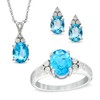 Oval Swiss Blue Topaz and Diamond Accent Pendant, Ring and Earrings