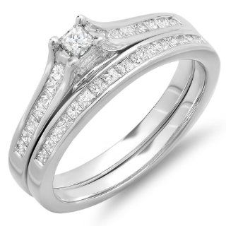 0.65 Carat (ctw) 10k White Gold Princess Diamond Ladies Bridal Ring Engagement Matching Wedding Band Set Jewelry