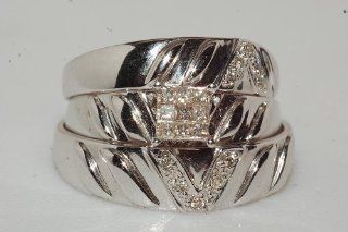 14k White Gold His Hers Diamond Engagment & Weddingtrio Ring Set Jewelry