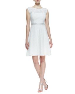 Womens Sequined Lace Fit and Flare Cocktail Dress, White/Silver   Kay Unger