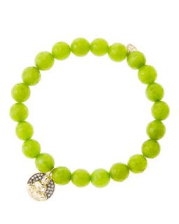 8mm Faceted Lime Jade Beaded Bracelet with 14k Gold/Diamond Sitting Buddha