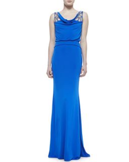Womens Cowl Neck Gown with Sheer Flowers at Shoulders, Blue   Badgley Mischka
