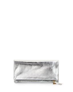 Fold Over Metallic Leather Clutch Bag, Silver   Clare Vivier