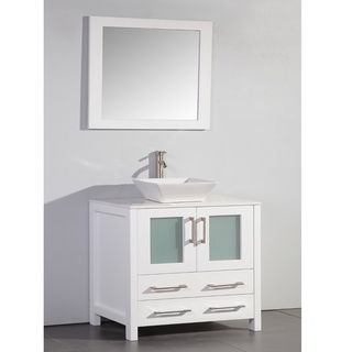 Legion Furniture White Artificial Stone Top 36 inch Vessel Sink Bathroom Vanity And Matching Framed Mirror White Size Single Vanities