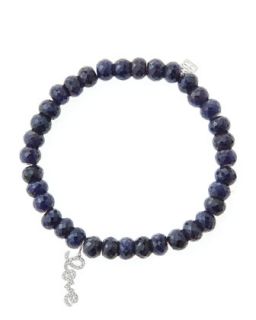 6mm Faceted Sapphire Beaded Bracelet with 14k White Gold/Diamond Love Charm