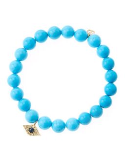 8mm Turquoise Beaded Bracelet with 14k Yellow Gold/Diamond Small Evil Eye Charm