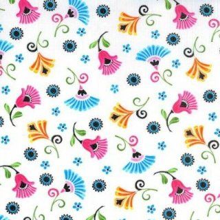 Madeline quilt fabric, Contemporary floral in white with orange, pink, and blue
