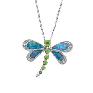 Blue Opal and Peridot Dragonfly Pendant in 14K White Gold with Diamond