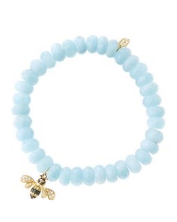 8mm Faceted Aquamarine Beaded Bracelet with 14k Gold/Diamond Bee Charm (Made to