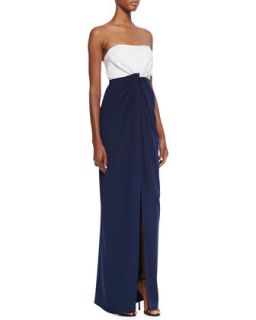 Womens Strapless Colorblock Ruffle Front Gown, White & Navy   Catherine