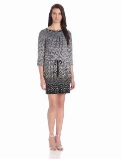London Times Women's Printed Blouson Dress with Embellished Neckline