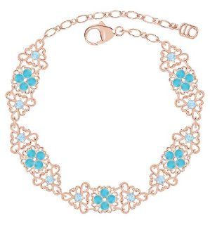 Link Bracelet by Lucia Costin with Lovely Flowers, Decorated with Triangle Shaped Filigree Pattern, Light Blue and Turquoise Swarovski Crystals; 24K Pink Gold Plated over .925 Sterling Silver Bangle Bracelets Jewelry