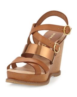 Jenny Mixed Leather Wedge Sandal, Bronze   Andre Assous