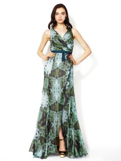 Printed Silk Chiffon Pleated Wrap Front Gown by Vera Wang Lavender Label