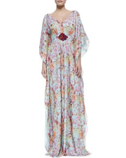 Womens Floral Beaded Cluster Waist Caftan Gown, Multicolor   Badgley Mischka