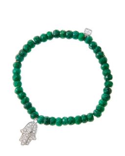6mm Faceted Emerald Beaded Bracelet with 14k White Gold/Diamond Medium Hamsa
