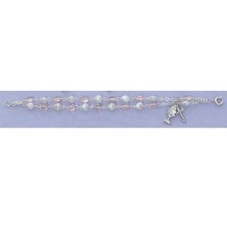 Great for First Communion, 6.5" Girls Rosary Bracelet, Pink Crystal Heart Shaped Beads, White Pearl Heart Shaped Beads, Double Strand, Crucifix and Chalicel Charms. Jewelry