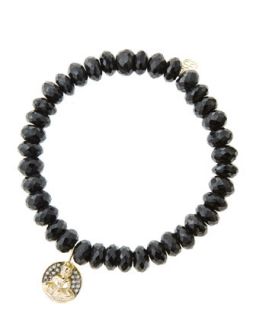 8mm Faceted Black Spinel Beaded Bracelet with 14k Gold/Diamond Sitting Buddha