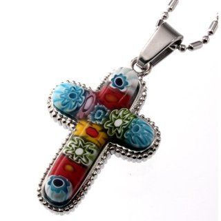 Melted Colorful Millefiori Venetian Murano Glass Cross Pendant Jewelry