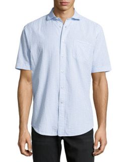 Check Seersucker Short Sleeve Shirt, Light Blue