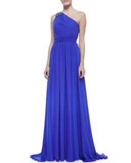 Womens Beaded One Shoulder Ruched Waist Gown, Ultra Violet   Badgley Mischka