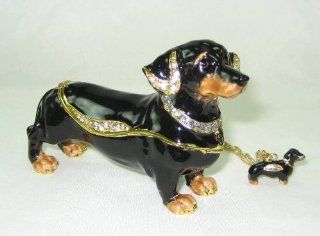 Black Dachshund Dog Figurine Austrian Cyrstal Jeweled Hinged Trinket Box w Pendant Necklace  Decorative Boxes  